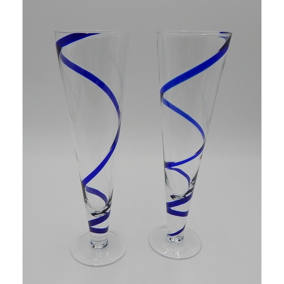 Pier 1 One Cobalt Blue SWIRLINE Pilsner Beer 10” Tall Swirl Glass Pair Handblown - Picture 2 of 7